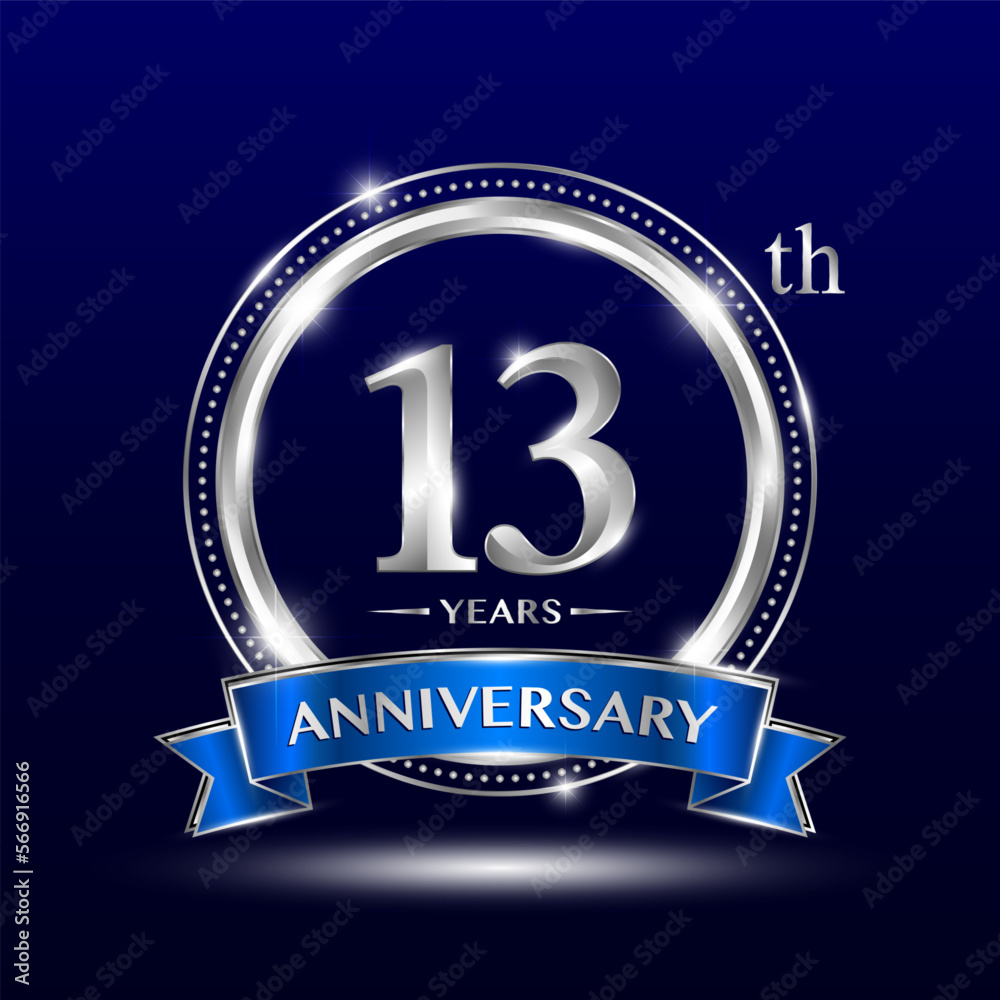 13th Anniversary logo with retro style, silver color ring design and blue ribbon for anniversary celebration event. Logo Vector Template Illustration 13th Anniversary logo with retro style, silver color ring design and blue ribbon for anniversary celebration event. Logo Vector Template Illustration