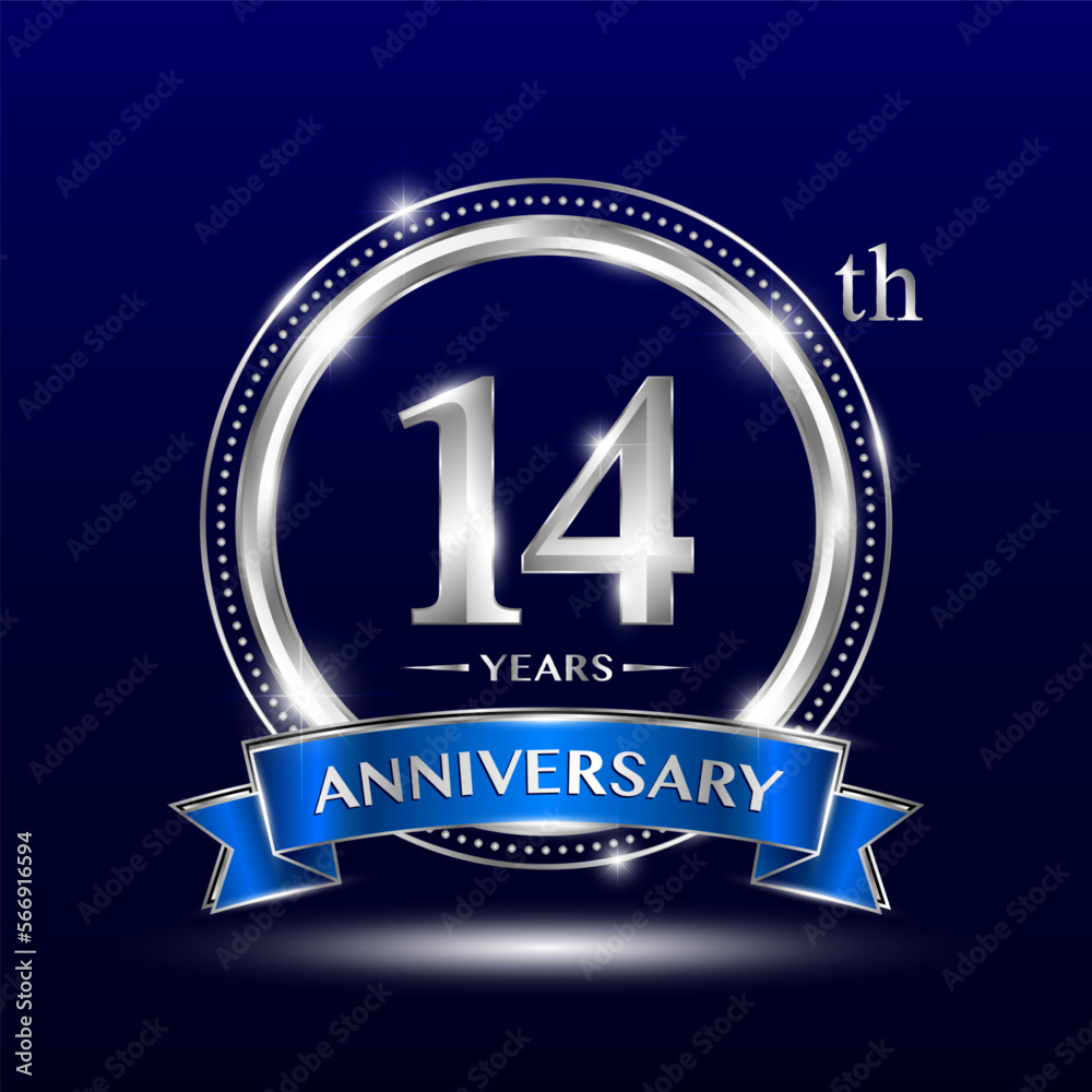 14th Anniversary logo with retro style, silver color ring design and blue ribbon for anniversary celebration event. Logo Vector Template Illustration 14th Anniversary logo with retro style, silver color ring design and blue ribbon for anniversary celebration event. Logo Vector Template Illustration