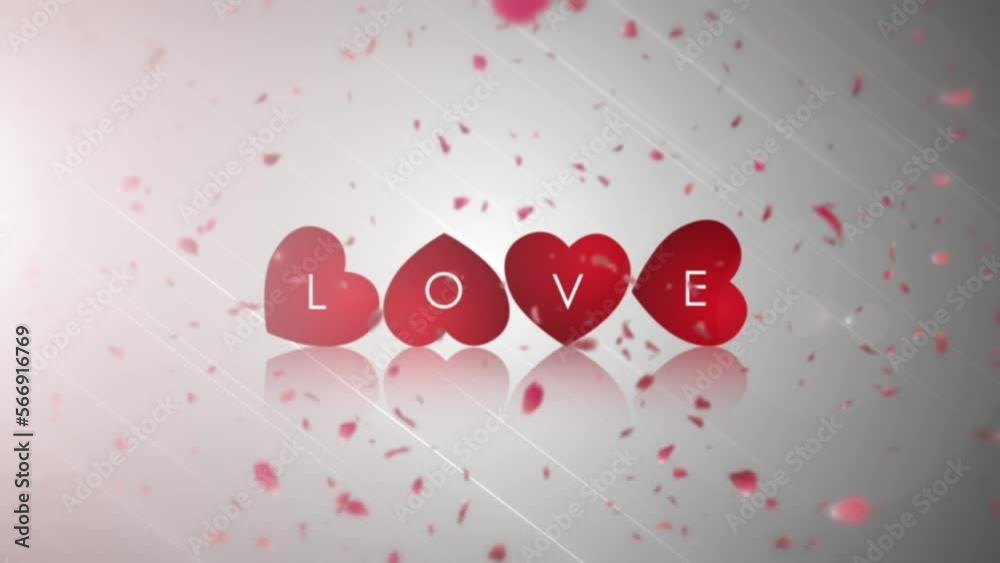 Love Text with Red Hearts Intro and Outro Motion Graphic Template with Rose Petals and Stars Burst Particle Background. 4k Romantic Love Quote 2d Animation.