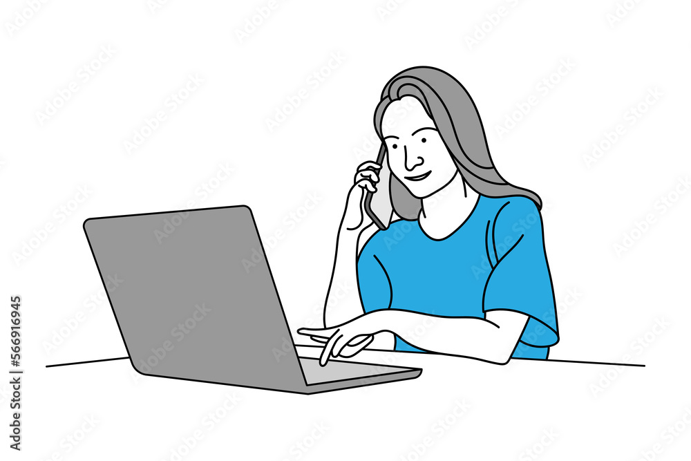 Flat character girl phone call and laptop use line art vector design white background Flat character girl phone call and laptop use line art vector design white background