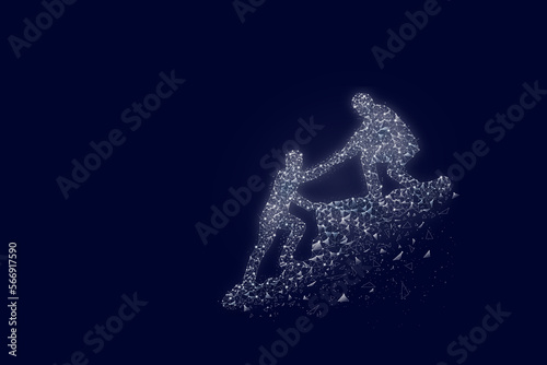 Lines and dots form a Businessmen helping each other up the mountain on dark background. Teamwork helping each other to achieve common goals concept.