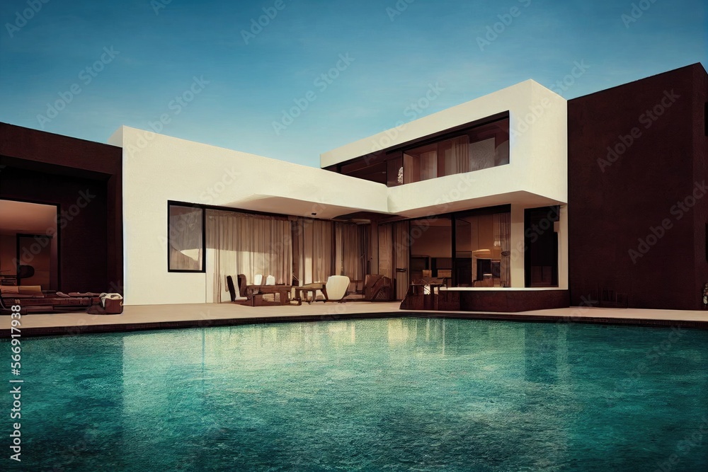 Luxury pool villa spectacular contemporary design digital art real estate , home, house and property, Generative AI illustration.