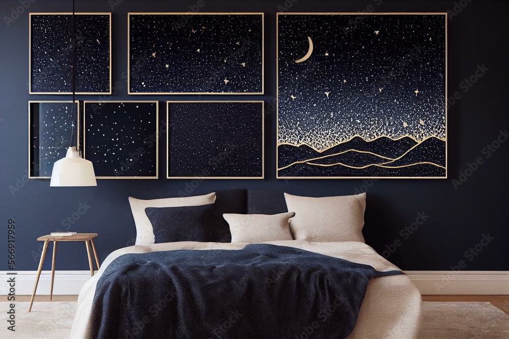 Abstract art landscape mountain starry night sky with crescent moon ...