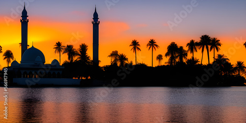 An Islamic mosque with a dramatic sunset, surrounded by palm trees and a body of water © FF Sidiq