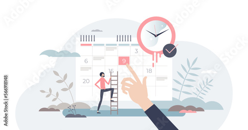 Appointment plan and calendar meeting time reminder note tiny person concept, transparent background. Schedule deadline for business event illustration. Efficient agenda management.