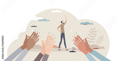Appreciation and congratulate from crowd with clapping tiny person concept, transparent background. Audience approval gesture with clap and support illustration. Applaud to thanks.