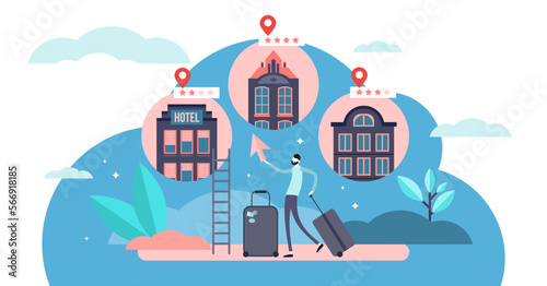 Booking hotel illustration, transparent background. Flat tiny accommodation choice persons concept. Abstract hostel and apartments web platform service for tourist and business trip.