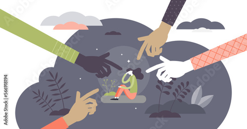 Bullying attack concept, flat tiny person illustration, transparent background. Aggression and humiliation victim with pointing fingers symbolism. Social violence problem. School or workplace verbal.