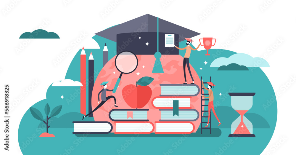 Education illustration, transparent background. Tiny knowledge learning person concept. School, university and college graduation. Personal growth degree and development using book research.