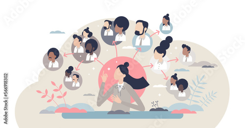 Delegation as effective task sharing or work optimization tiny person concept, transparent background. Team leader strategy to split project responsibility to all company colleagues illustration.