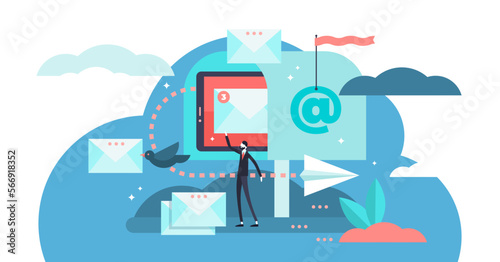 Email illustration, transparent background. Flat tiny digital letter sending persons concept. Internet text broadcast, marketing data base.