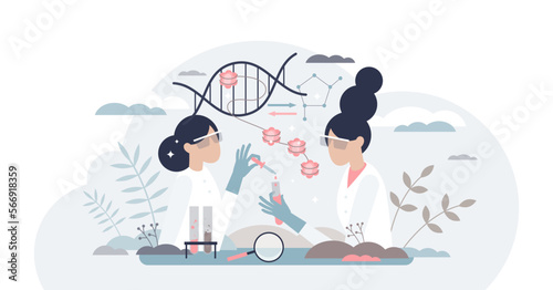 Epigenetics research and study of DNA gene expression tiny person concept, transparent background. Work scene with phenotype changes experiment in microbiology lab illustration.