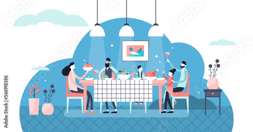 Family dinner illustration, transparent background.Flat tiny together eating persons concept.Parents and children with delicious and healthy food dish from kitchen cook.