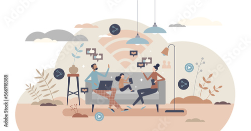 Family using internet at home while sitting on couch, tiny person concept, transparent background. Spending time online together indoors. Mother, father and kid with mobile gadgets.