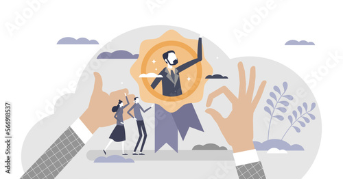 HR recognition as best candidate reputation from recommendations tiny person concept, transparent background. Symbolic popular professional with outstanding results.