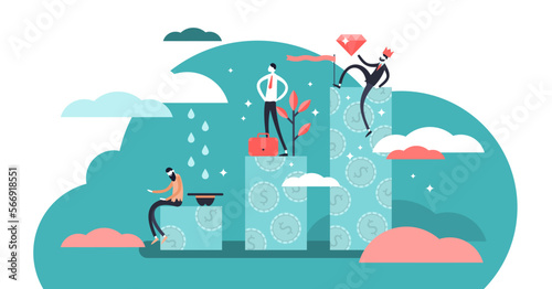 Income class illustration, transparent background. Flat three levels tiny persons wealth concept. Economical system symbolic chart with poor, middle and rich society parts.