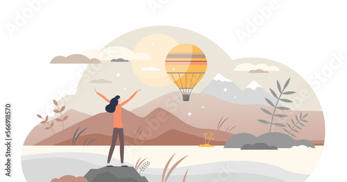 Inspiration or motivation scene with beautiful nature tiny person concept, transparent background. Future vision with positive and happy attitude or freedom feeling illustration.