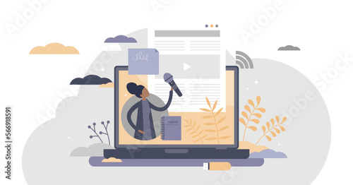 Journalism occupation with press media interview flat tiny persons concept, transparent background. News reportage with information reflection as professional work.