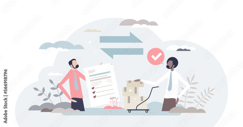 Procurement occupation with inventory planning or control tiny person concept, transparent background. Supplier prices negotiation and new contract signing illustration.