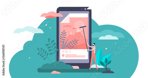 Posting illustration, transparent background.News publication scene in flat tiny persons concept.Social media banners display as glued retro poster pillar.