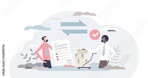 Procurement occupation with inventory planning or control tiny person concept, transparent background. Supplier prices negotiation and new contract signing illustration.
