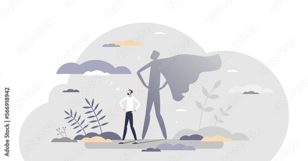 Superhero male as professional strong and brave leader tiny person concept, transparent background. Everyday human with cape costume in shadow reflection as confident, caring and powerful dad.