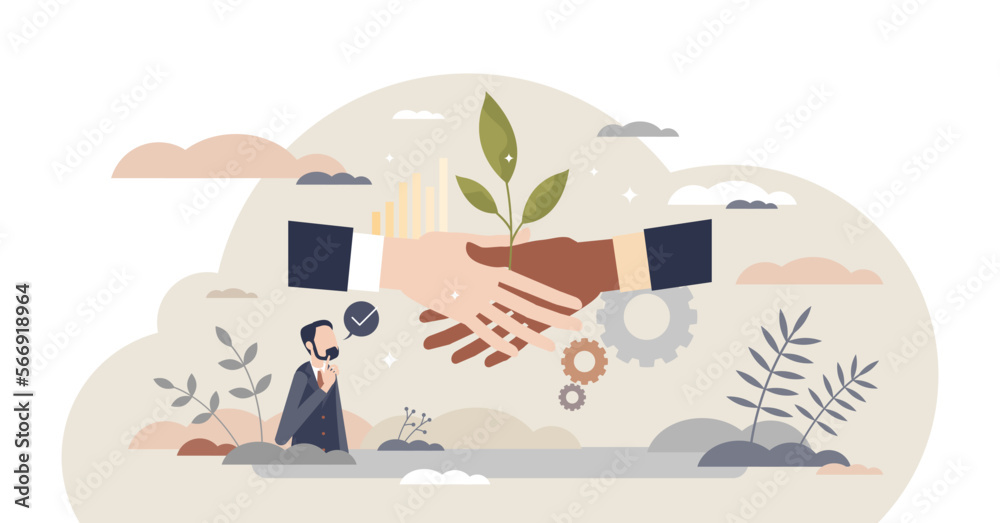 Sustainable partner and environmental friendly business tiny person concept, transparent background. Corporate deal or agreement symbolic handshake with green leaf illustration.
