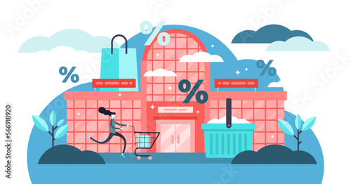 Shopping mall illustration, transparent background. Flat tiny persons discount buy concept. Store exterior with sale percentage symbol. Retail market business and modern commerce building.