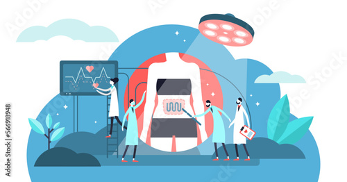 Surgery illustration, transparent background. Flat tiny medical care process persons concept. Inner organs emergency treatment operation. Professional hospital disease aid and help.