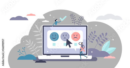 Survey feedback concept, flat tiny persons illustration, transparent background. Online voting poll with user satisfaction choices. Business quality stats analysis tool.