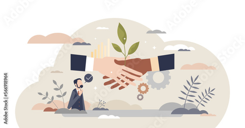 Sustainable partner and environmental friendly business tiny person concept, transparent background. Corporate deal or agreement symbolic handshake with green leaf illustration.