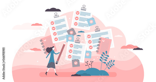 Task done Female illustration, transparent background. Time management flat tiny persons concept. Woman checklist with non specific targets and completed pass signs.