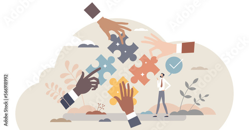 Team work solution and partnership puzzle work together tiny person concept, transparent background. Businessman cooperation for common goal and target illustration.