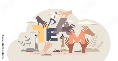 Teamwork hands as group holding team letters together tiny person concept, transparent background. Community partnership and cooperation for common goal and job illustration.