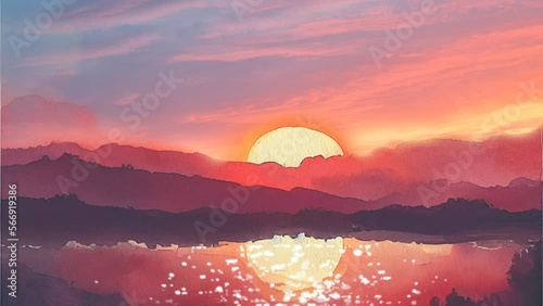 Watercolor animated painting cinemagraph timelapse golden hour sunset sunrise background setting sun backdrop, music visualizer meditation hypnosis nature outside outdoor beauty (generative AI, AI) photo