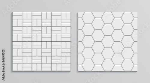 Street seamless pattern. Paved floordouble print. Garden mosaic texture. Set slab pavement. Paver tile patio. Old stone surface. Decorative cobblestone background. Vector illustration