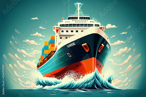 Cargo ship in the sea  vector style illustration. Generative art