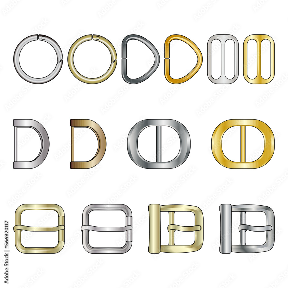 D Ring And Belt Buckle Flat Sketch Vector Illustration Set