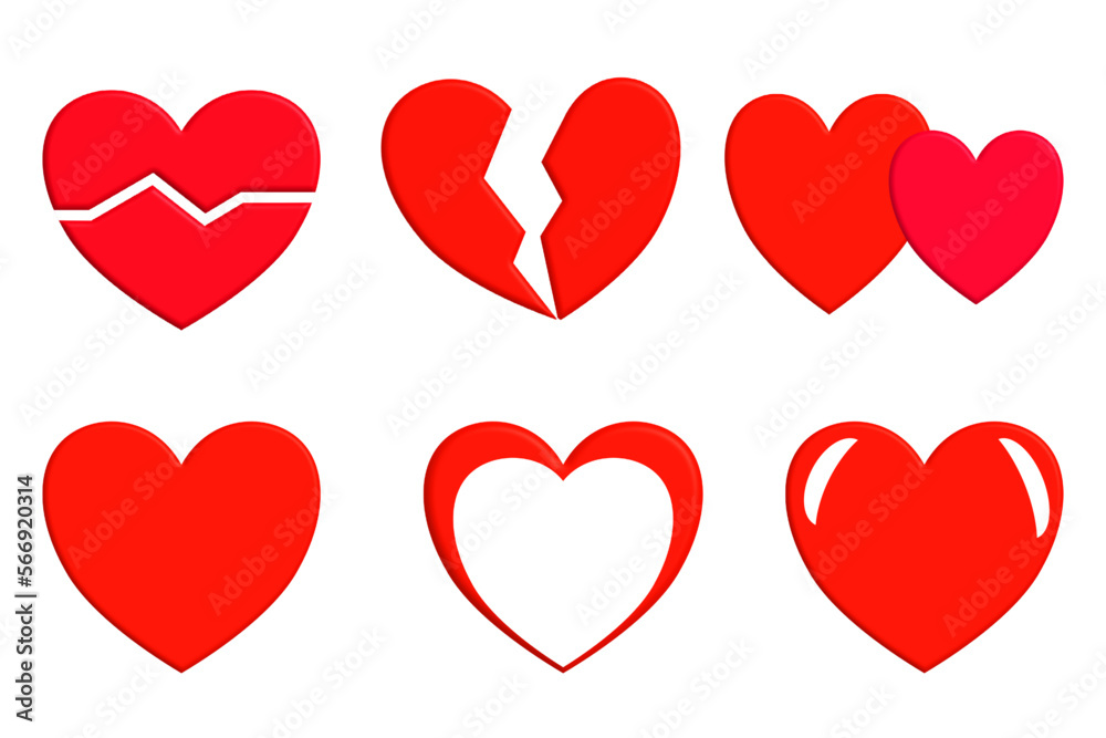 High resolution set of hearts on transparent background. The 14th february symbol.