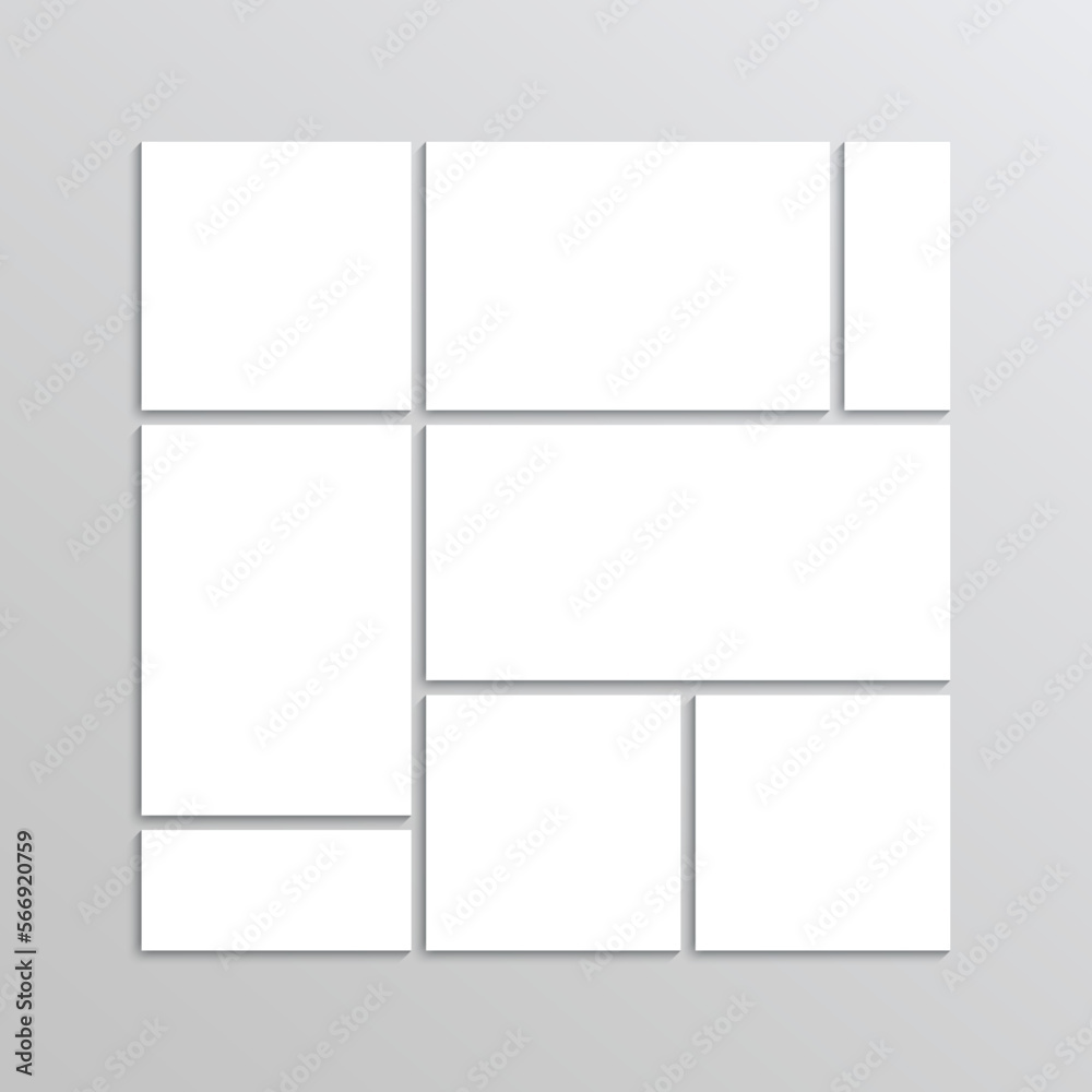 Square collage grid. Moodboard mosaic pictures layout. Photo mood board template. Frame images. Album banner. Simple vertical presentation. Gallery brandboard Vector illustration Square collage grid. Moodboard mosaic pictures layout. Photo mood board template. Frame images. Album banner. Simple vertical presentation. Gallery brandboard Vector illustration