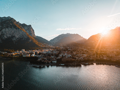 Aerial view of Lecco city in the southeastern shore of Lake Como, in northern Italy.