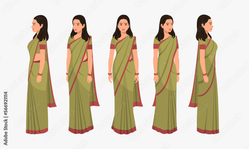 Indian Woman Wearing Saree, Character Front, side, view and explainer  animation poses Stock Vector