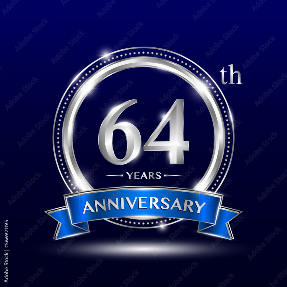 64th Anniversary logo with retro style, silver color ring design and blue ribbon for anniversary celebration event. Logo Vector Template Illustration 64th Anniversary logo with retro style, silver color ring design and blue ribbon for anniversary celebration event. Logo Vector Template Illustration
