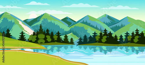 Panorama of beautiful nature, grasslands meadow with forest, scenic blue lake, mountains on horizon background. Mountain lake landscape vector illustration