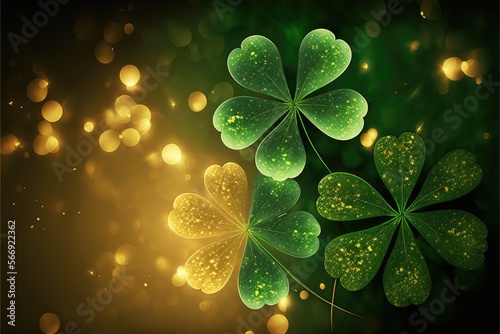St. Patrick's Day abstract dark background decorated with green and golden shamrock leaves. Saint Patrick Day party celebrating. Horizontal illustration. Generative AI