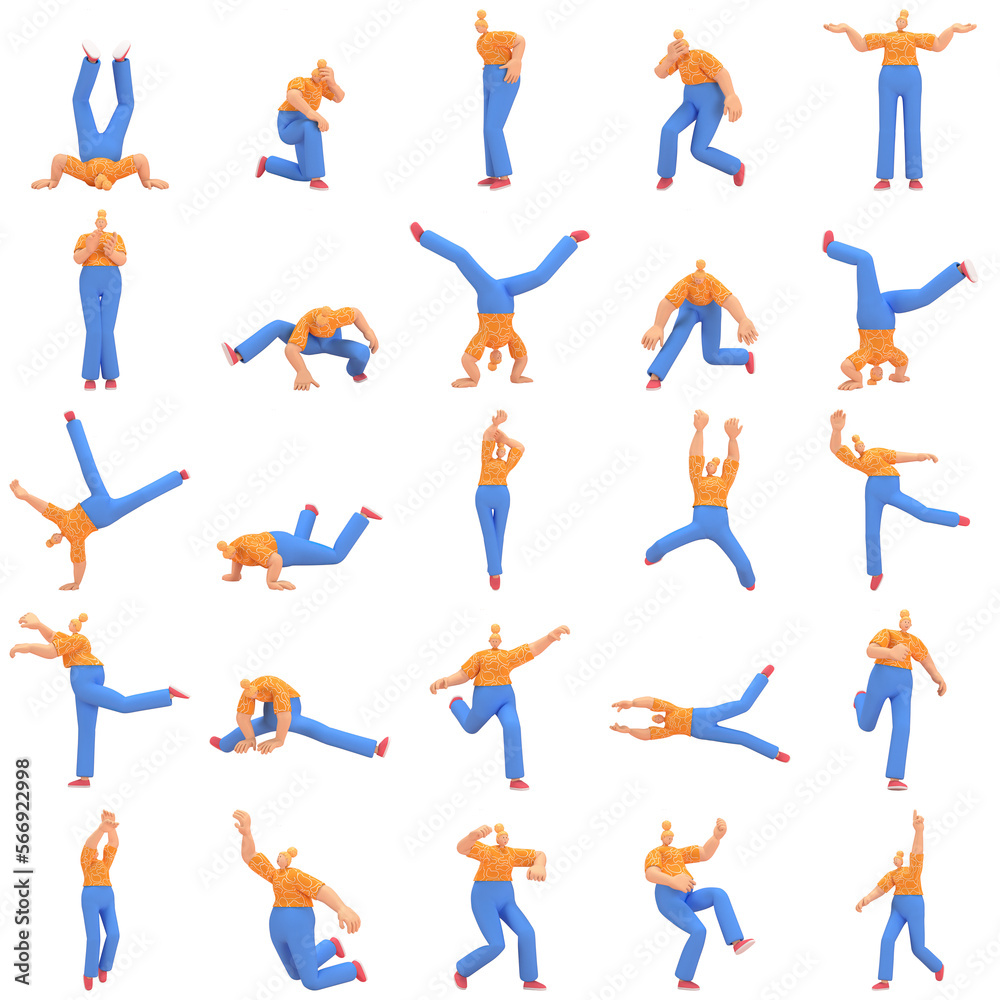 character woman orange shirt blue pants doing activities, 3d rendering