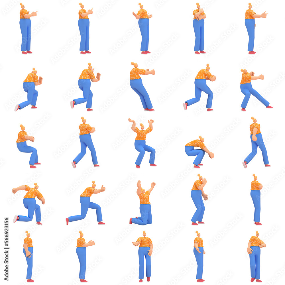 character woman orange shirt blue pants doing activities, 3d rendering character woman orange shirt blue pants doing activities, 3d rendering