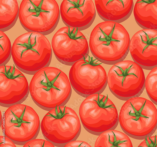 Tomatoes pattern. Beige background. Tomatoes in a box. Red ripe tomatoes with green stem.