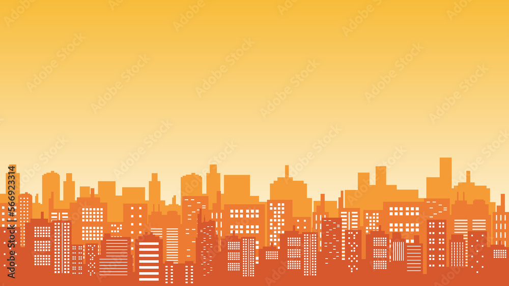 Panorama of the city in a clear sky with many malls and tall offices with an orange sky