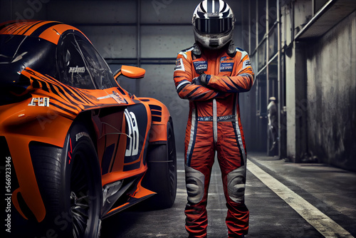 Driver wearing helmet standing next to orange race car, generative art